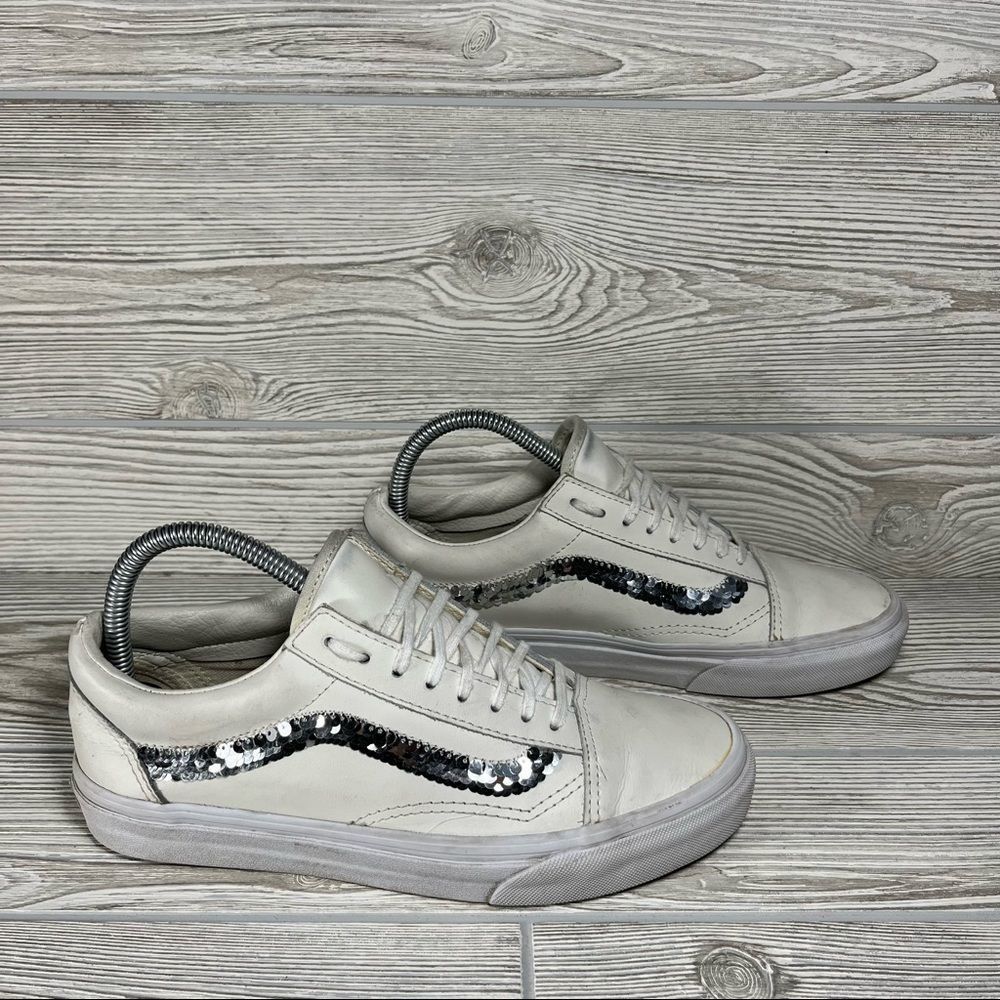 Vans Old Skool White Leather Sequins Stripe Sneaker Shoe - Women's 8
